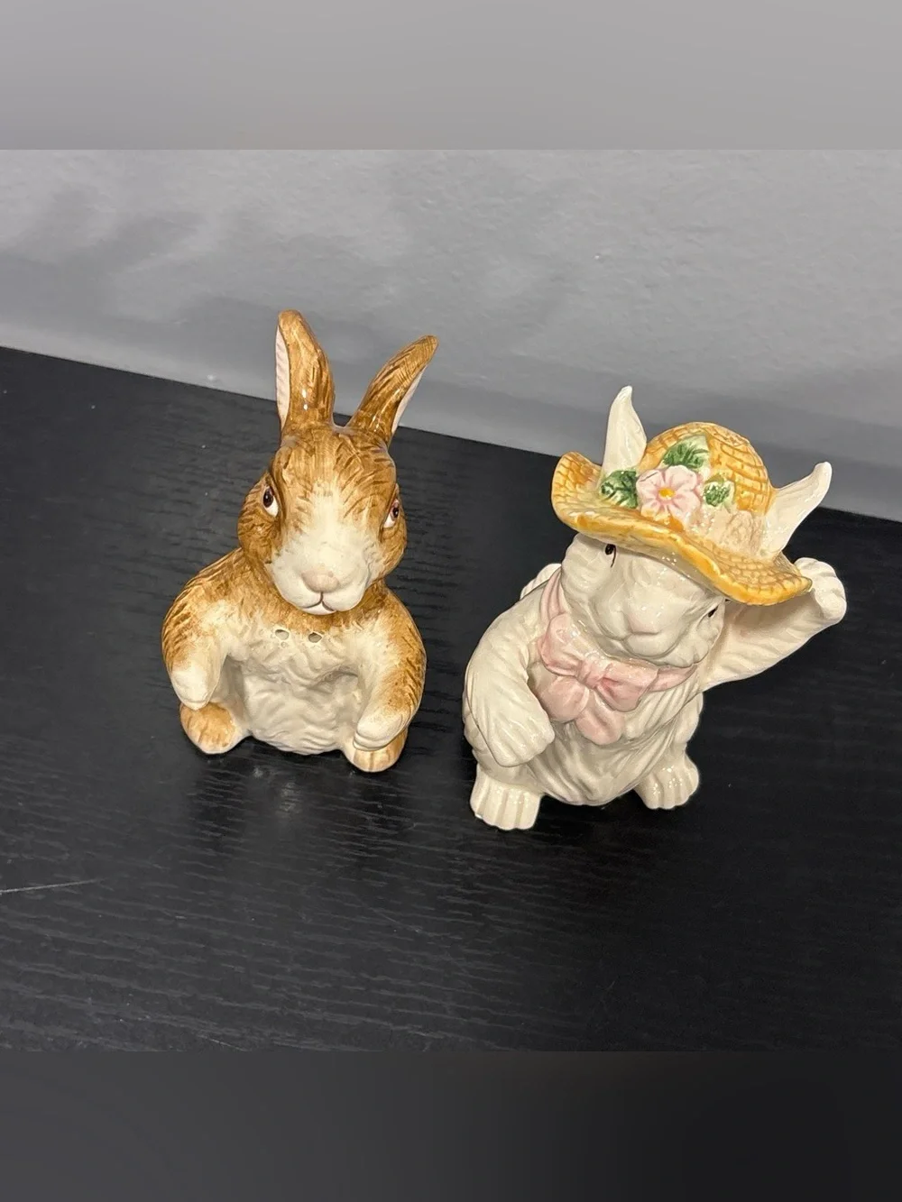 Ceramic Bunny Salt and Pepper Shaker Set -  one chip- country cottagecore